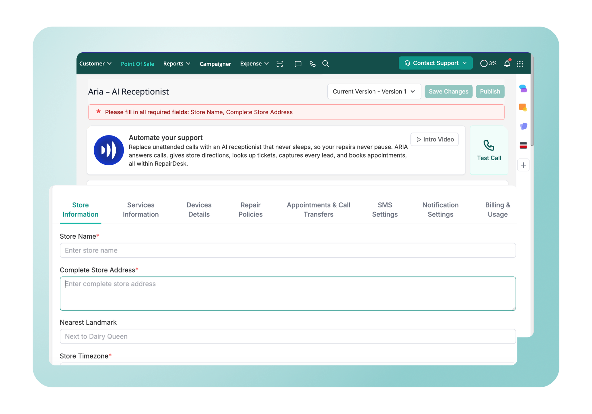 Backup AI Receptionist for Repair Shops – ARIA